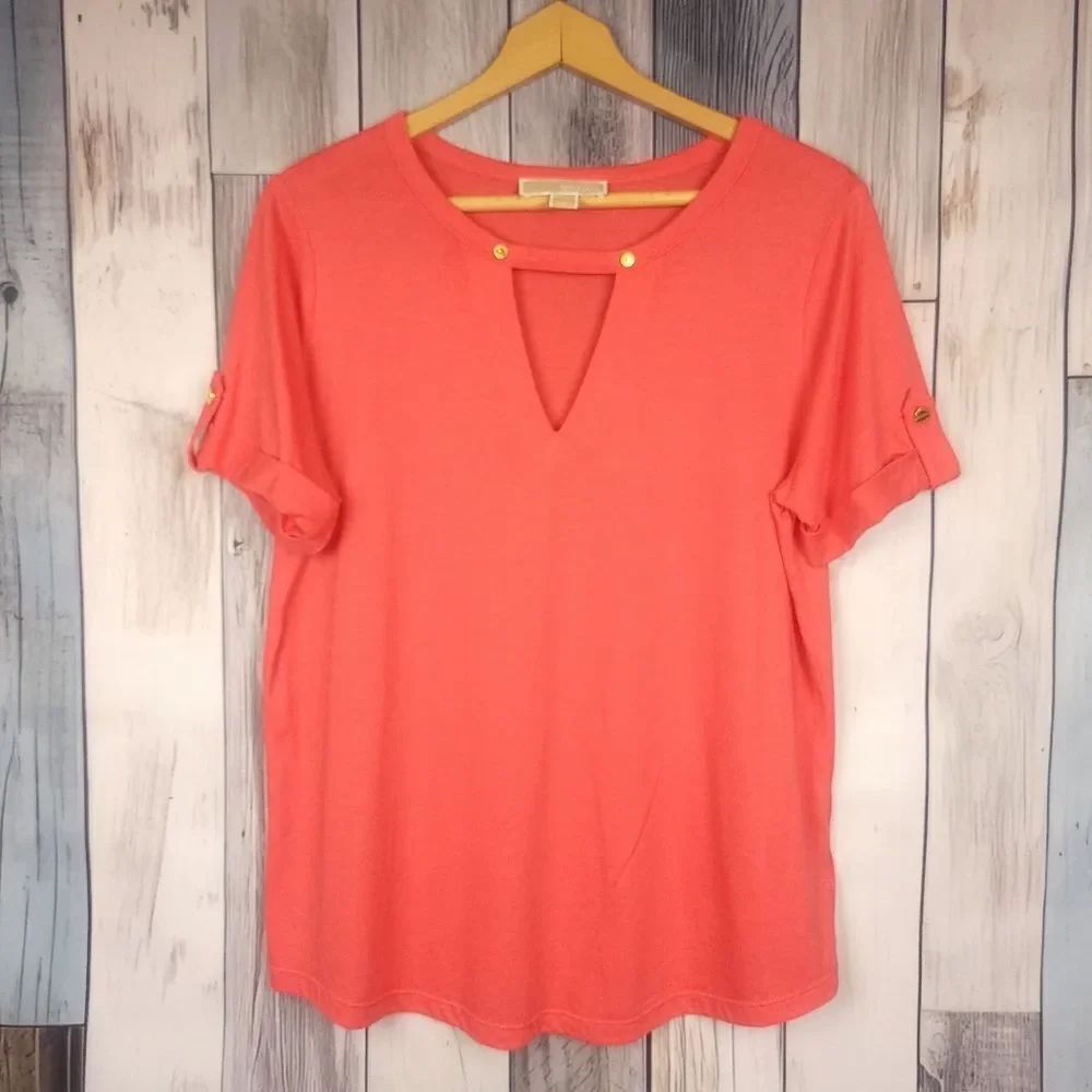 Michael Kors Salmon Red Short Sleeve Top Key Hole Neck Line Size Large